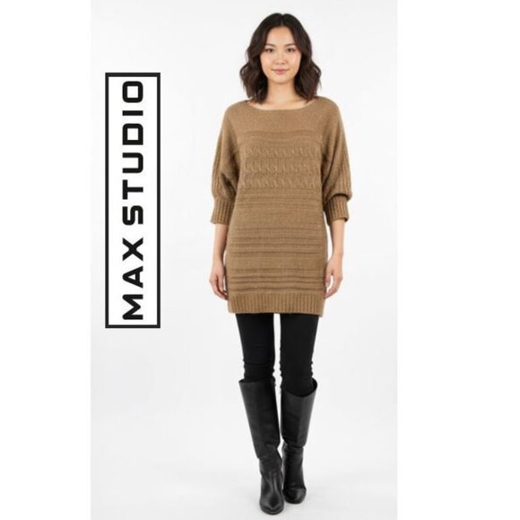 MAX STUDIO, Tan cable knit tunic sweater with metallic threading - Picture 1 of 9
